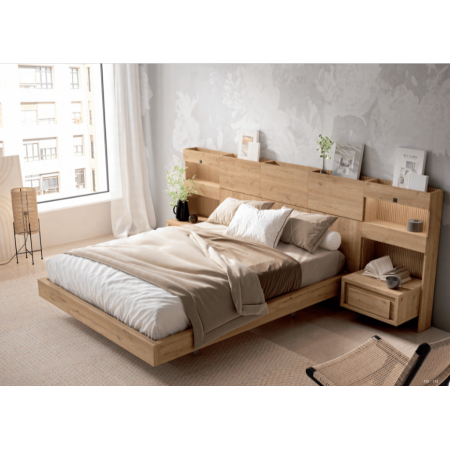 Dormitorio con cabecero y dos mesitas en tono natural en Calatayud