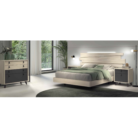 Dormitorio principal con moderno cabecero y dos mesitas en tono Taiga y carbono en Calatayud