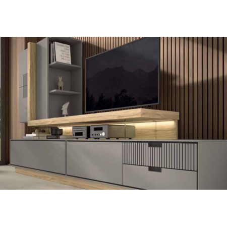 Mueble de salón en colores Alabama, gris y grafito con luces led en Calatayud