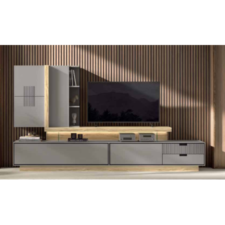 Mueble de salón en colores Alabama, gris y grafito con luces led en Calatayud