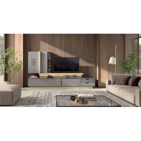 Mueble de salón en colores Alabama, gris y grafito con luces led en Calatayud