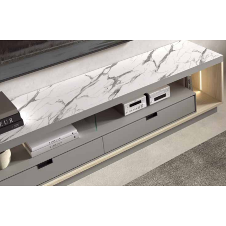 Mueble de salón en tonos gris, montana, grafito y marmol gris, luces led en Calatayud