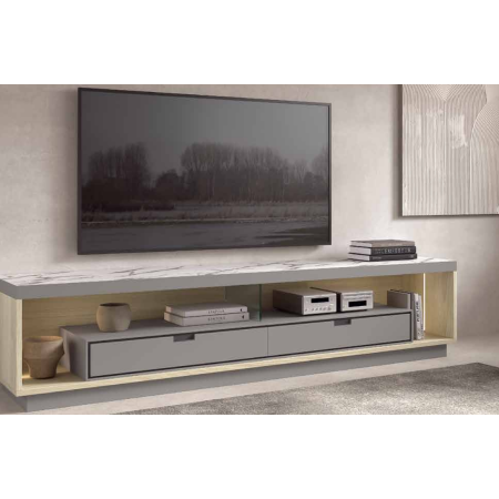 Mueble de salón en tonos gris, montana, grafito y marmol gris, luces led en Calatayud