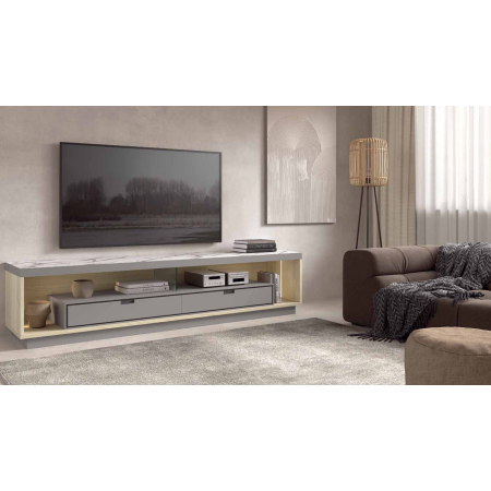 Mueble de salón en tonos gris, montana, grafito y marmol gris, luces led en Calatayud