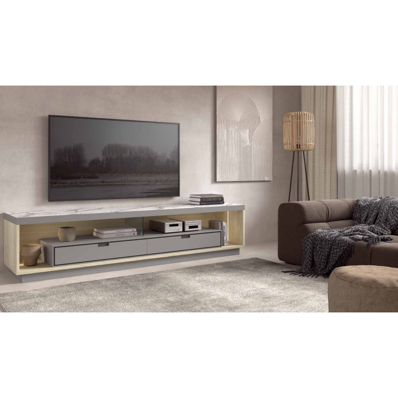 Mueble de salón en tonos gris, montana, grafito y marmol gris, luces led en Calatayud