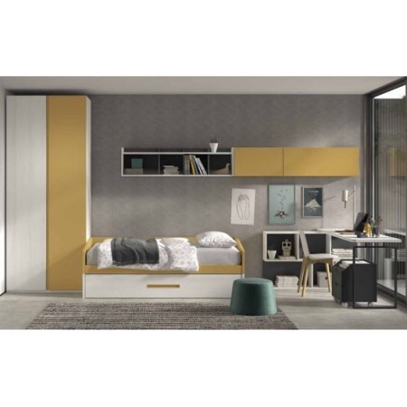 Dormitorio juvenil con armario, nido bicolor y mesita