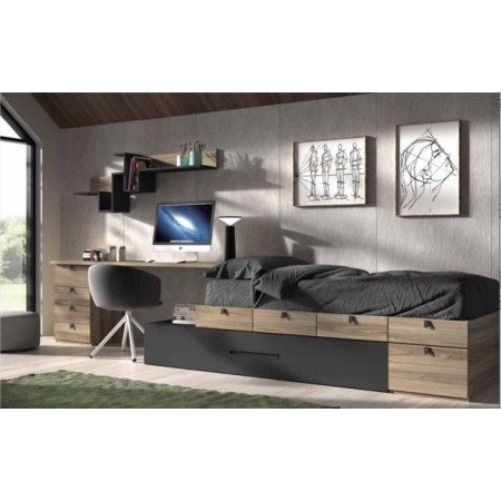 Dormitorio juvenil con somier de arrastre y mesa