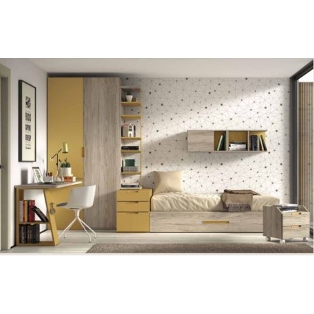 Dormitorio juvenil completo con somier de arrastre y mesa