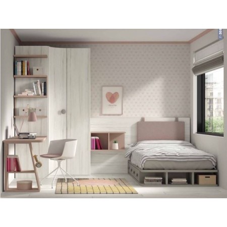 Dormitorio juvenil con armario, escritorio, 2 baules y cama