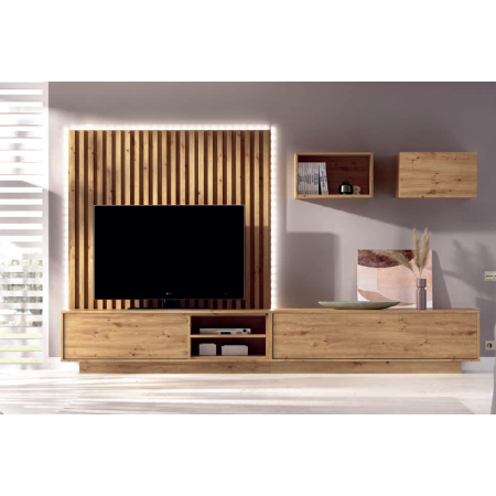 Mueble de salón con panel trasero alistonado