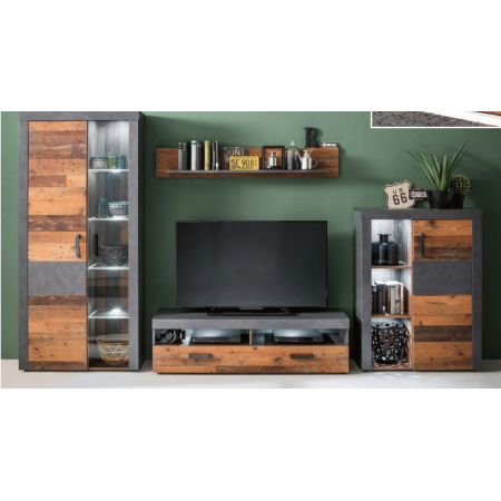 Muebles modulares de salón en madera envejecida y cemento