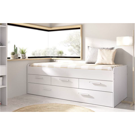 Cama Compacta en Blanco con 3 Cajones | Ahorro de Espacio y Almacenamiento Elegante